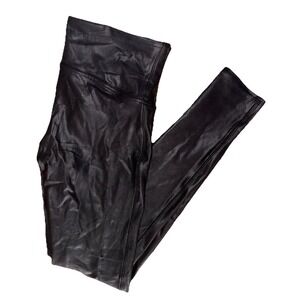 Spanx Sara Black Faux Leather Leggings Medium Shiny Moto 26" Seamless